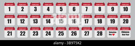 February Calendar Days Full Month Set with Valentine's Day and Chinese New Year Noted Stock Vector