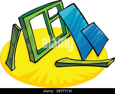An abstract vector illustration shows a glass window and construction chisel in a cartoon style. Stock Vector