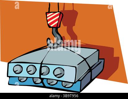 An abstract vector illustration shows a crane lifting concrete brick pallet in a cartoon style Stock Vector