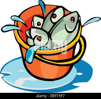 An abstract vector illustration shows a fish pail bucket in a cartoon style Stock Vector