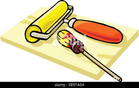 An abstract vector illustration shows a a paint roller, a screwdriver, and a wood chisel on a surface in a cartoon style Stock Vector