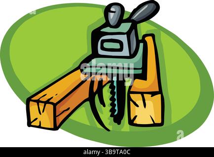 An abstract vector illustration shows a wood construction log cutting saw in a cartoon style Stock Vector