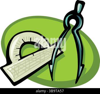 An abstract vector illustration shows a ruler and protractor in a cartoon style Stock Vector