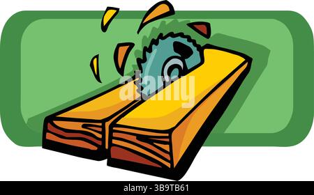 An abstract vector illustration shows a wood construction log cutting saw in a cartoon style Stock Vector