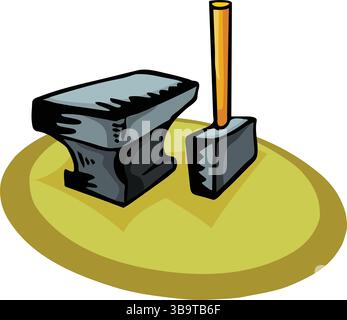 An abstract vector illustration shows a hand mallet hammer and anvil in cartoon style Stock Vector