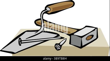 An abstract vector illustration shows a hand mallet hammer and brick towel in cartoon style Stock Vector