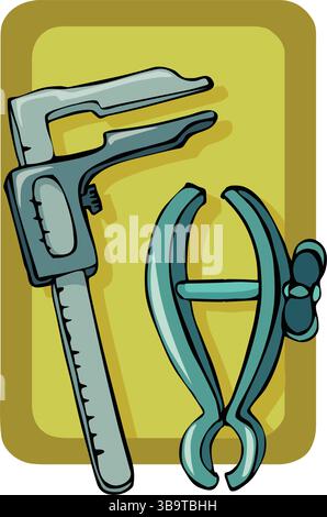 An abstract vector illustration shows a hand ruler pliers and caliper tool in cartoon style Stock Vector