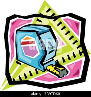 An abstract vector illustration shows a measuring tape tool in cartoon style Stock Vector