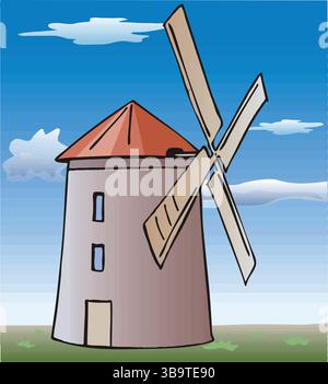 An abstract vector illustration shows a nature windmill in cartoon style Stock Vector