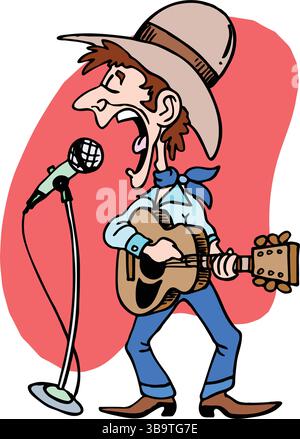 An abstract vector illustration shows a cowboy singer holding guitar  in cartoon style Stock Vector