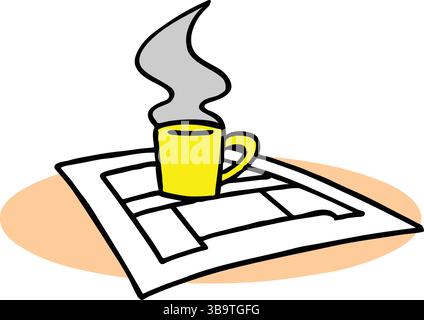 An abstract vector illustration shows a coffee mug on a architect blueprint in cartoon style Stock Vector