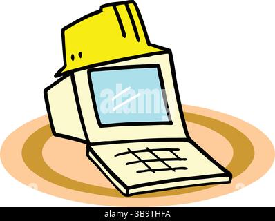 An abstract vector illustration shows an architect hard hat on computer in cartoon style Stock Vector