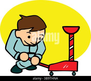 An abstract vector illustration shows a mechanic working on a Jack to repair a car in cartoon style Stock Vector