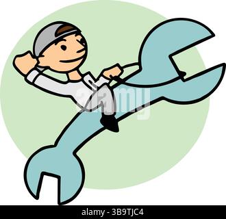 An abstract vector illustration shows a mechanic riding wrench like a horse back in cartoon style Stock Vector