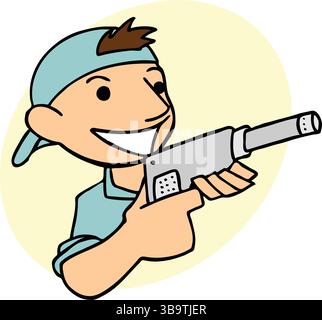 An abstract vector illustration shows a mechanic man used drill mechanic in cartoon style Stock Vector