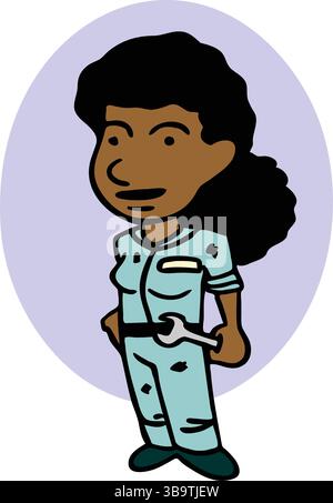 An abstract vector illustration shows a mechanic holding wrench  in cartoon style Stock Vector