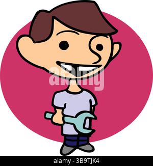 An abstract vector illustration shows a mechanic holding wrench  in cartoon style Stock Vector