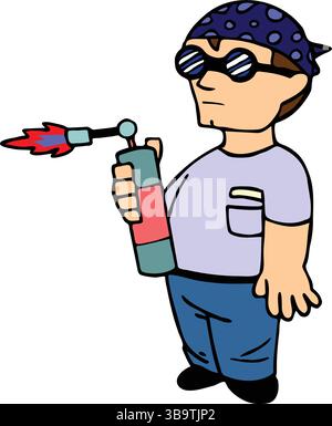 An abstract vector illustration shows a mechanic man holding welder torch in cartoon style Stock Vector