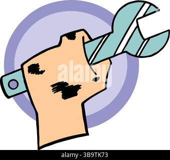 An abstract vector illustration shows a mechanic hand holding hand wrench tool in cartoon style Stock Vector