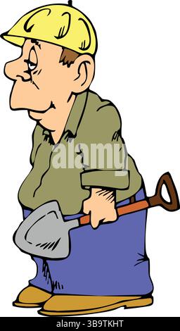 An abstract vector illustration shows a Worker wearing hard hat holding a shovel in cartoon style Stock Vector