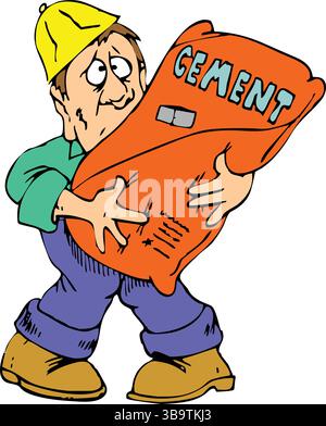 An abstract vector illustration shows a worker carrying a bag of cement in cartoon style Stock Vector
