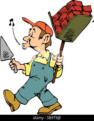 An abstract vector illustration shows a build worker holding a hand trowel and Bricks in cartoon style Stock Vector