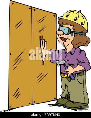 An abstract vector illustration shows a woman installing wallboard and holding hand hammer in cartoon style Stock Vector