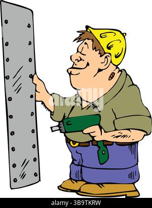 An abstract vector illustration shows a riveter holding metal texture sheet and riveter gun in cartoon style Stock Vector