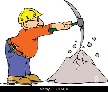 An abstract vector illustration shows a construction worker holding a pick axe and break a cement block in cartoon style Stock Vector
