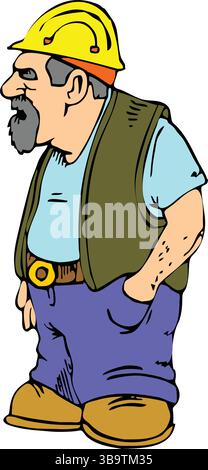 An abstract vector illustration shows a Worker wearing hard hat in cartoon style Stock Vector
