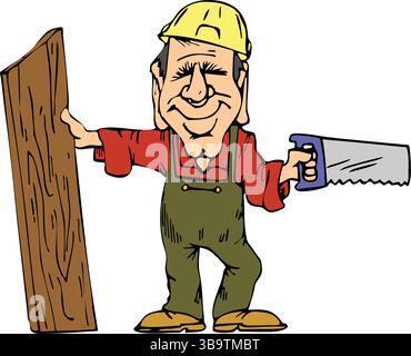 An abstract vector illustration shows a carpenter holding a saw and wooden plank in cartoon style Stock Vector