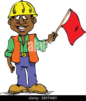 An abstract vector illustration shows a construction worker man holding a red flag in cartoon style Stock Vector