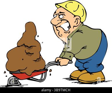 An abstract vector illustration shows a construction worker man pushing wheelbarrow in cartoon style Stock Vector