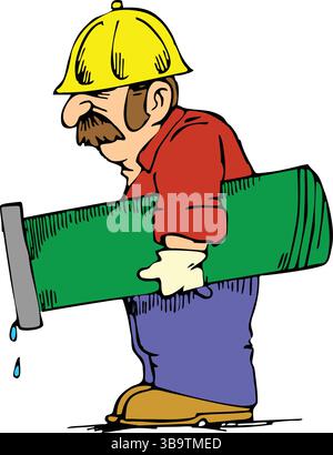 An abstract vector illustration shows a construction worker carrying pipe plumbing in cartoon style Stock Vector