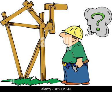 An abstract vector illustration shows a carpenter holding hand hammer and look to wooden planks in cartoon style Stock Vector