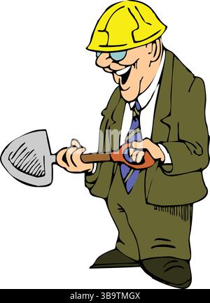 An abstract vector illustration shows a foreman holding shovel and look it in cartoon style Stock Vector