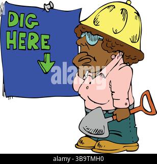 An abstract vector illustration shows a woman worker holding shovel and look to instructions in cartoon style Stock Vector