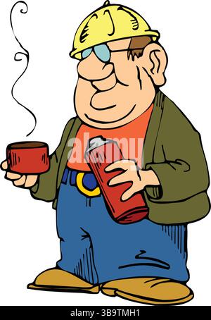 An abstract vector illustration shows a man construction worker drinking coffee in cartoon style Stock Vector