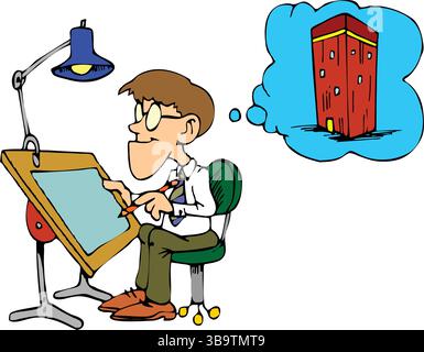 An abstract vector illustration shows a engineer drawing architect building in cartoon style Stock Vector