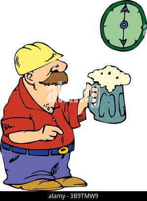 An abstract vector illustration shows a man construction worker drinking beer in cartoon style Stock Vector