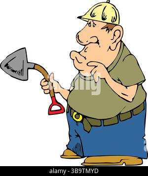 An abstract vector illustration shows a worker holding shovel bent in cartoon style Stock Vector