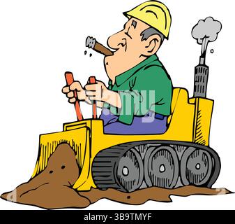 An abstract vector illustration shows a worker drive bulldozer in cartoon style Stock Vector