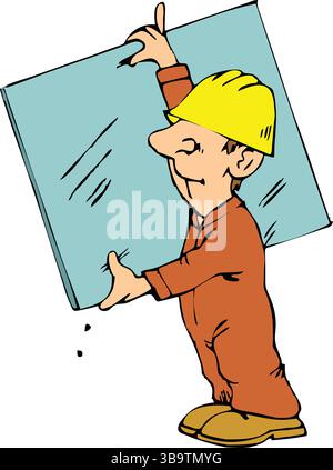 An abstract vector illustration shows a worker carrying glass pane  in cartoon style Stock Vector