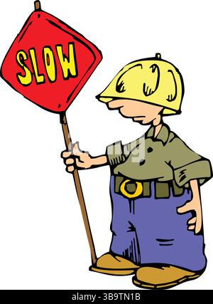 An abstract vector illustration shows a worker holding traffic sign  in cartoon style Stock Vector