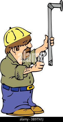 An abstract vector illustration shows a plumber fixing a pipe in cartoon style Stock Vector