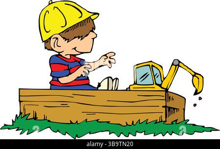 An abstract vector illustration shows a Funny Kid Using Excavator Machine in cartoon style Stock Vector