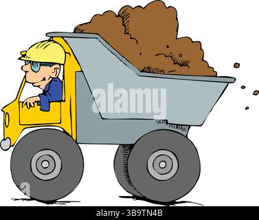 An abstract vector illustration shows a man worker drive construction dump truck in cartoon style Stock Vector