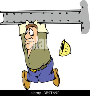 An abstract vector illustration shows a worker lifting a steel girder  in cartoon style Stock Vector
