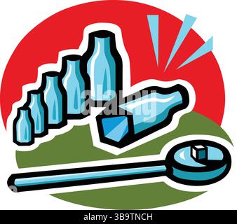 An abstract vector illustration shows a ratchet tool and bottles in cartoon style Stock Vector