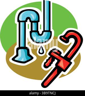 An abstract vector illustration shows a water pipe leak and wrench in cartoon style Stock Vector